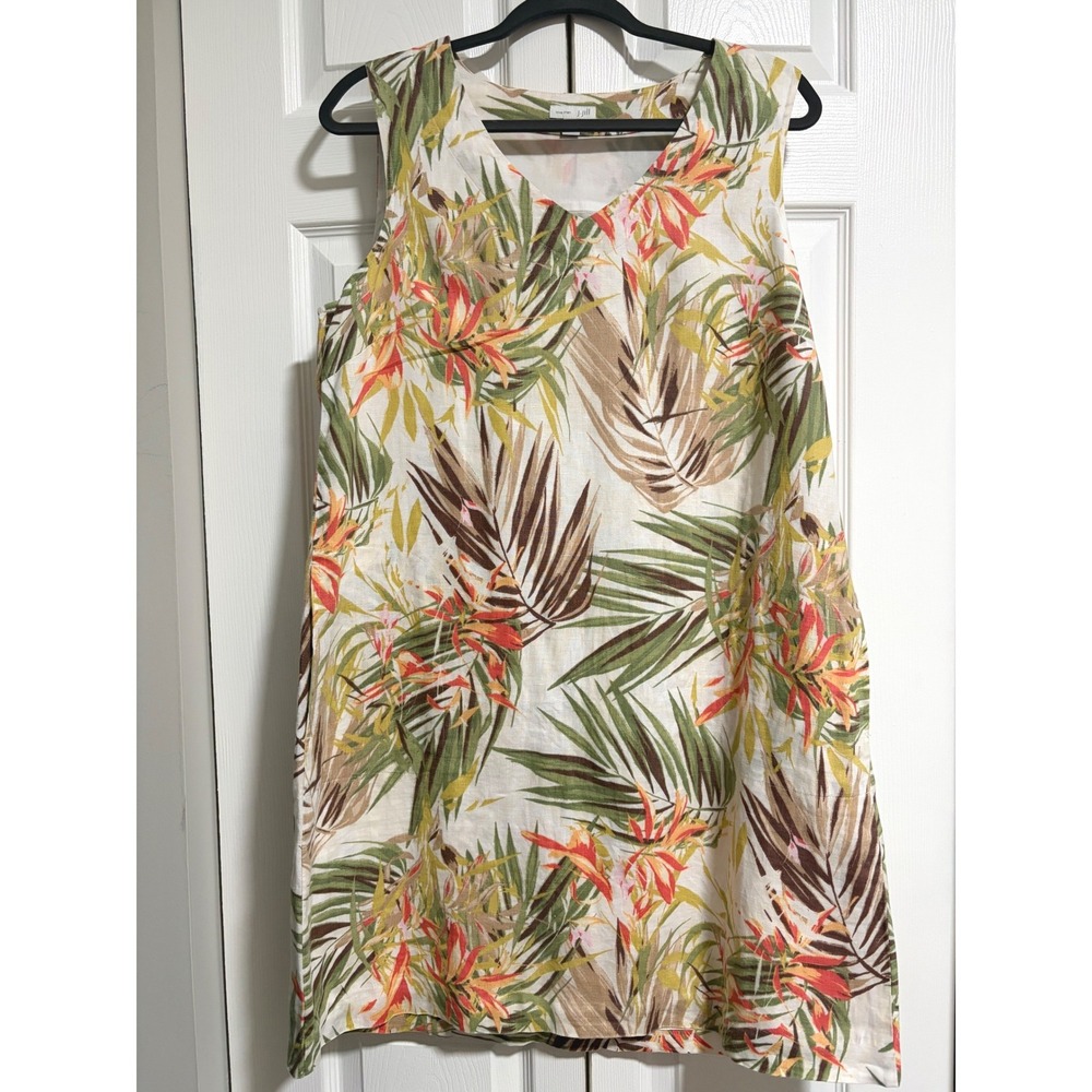 J. Jill Love Linen Tropical Floral Shift Dress Medium Green Orange V-Neck Pocket